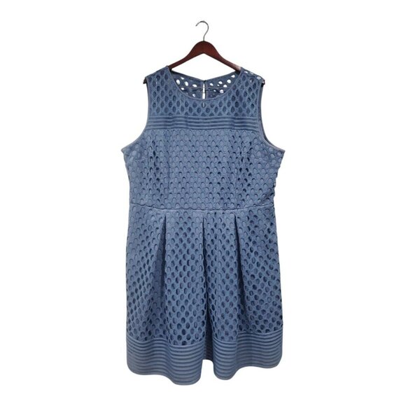 Lane Bryant Blue Sleeveless Geo Eyelet Lace Mesh A Line Fit & Flare Dress Sz 24 - Picture 1 of 16